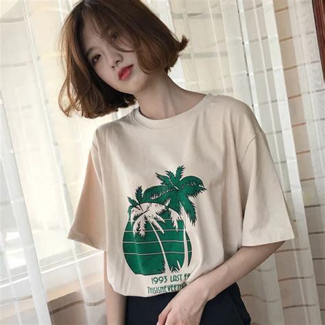 2018 New Korean Style Round Neck T Shirt Coconut Tree Printing Loose ...