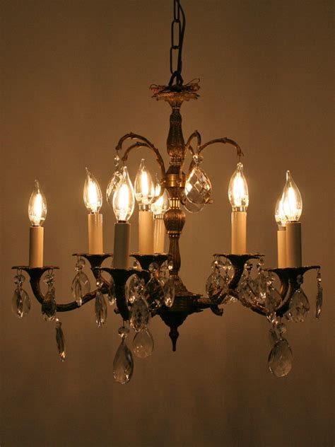 Antique Brass 10 Lt Chandelier w/ Almond Shaped Crystals, c. 1950