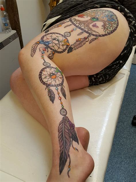 Dreamcatcher tattoo. Custom design tattoo with three dream catchers, a family tree, butterflies ...