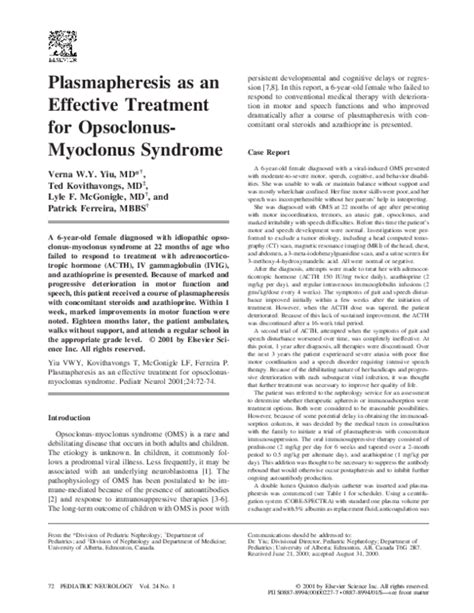 (PDF) Plasmapheresis as an effective treatment for opsoclonus-myoclonus syndrome | Verna Yiu ...