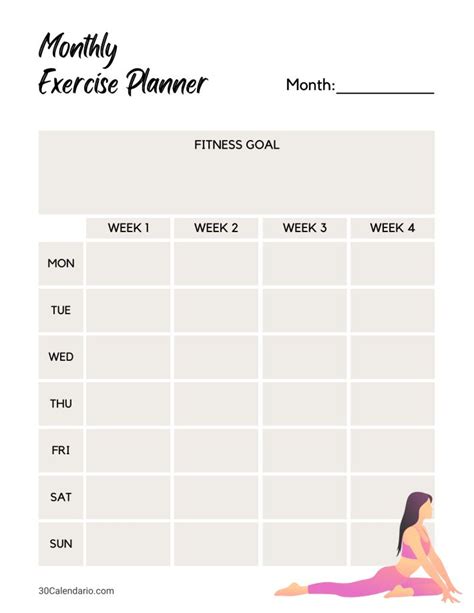 Monthly Workout Planner Template - Printable Gym and Exercise Schedule ...