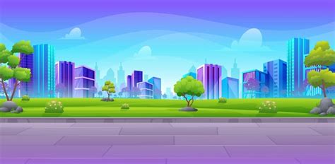 Premium Vector | Beautiful city park or urban garden with colorful skyscrapers and beautiful ...