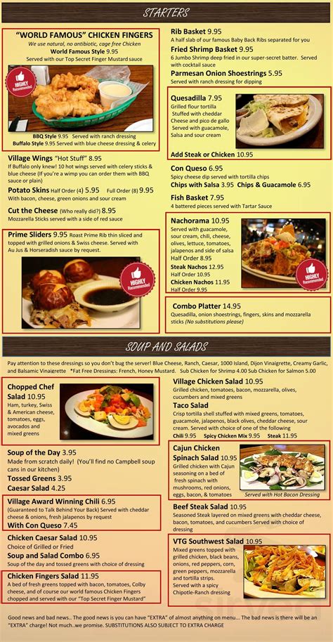 Village Tavern menu in Carol Stream, Illinois, USA