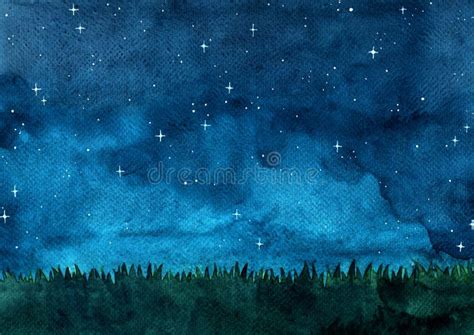 Grass Meadow with Night Sky Watercolor Hand Painting Background. Stock ...