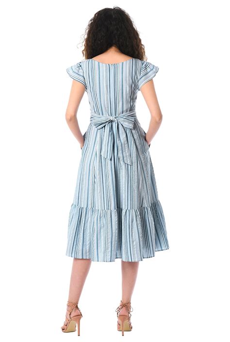 Shop Flutter sleeve cotton seersucker stripe dress | eShakti