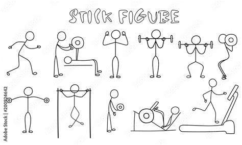 Set of stick figure sportsmans. Simple drawing fitness man pictures.Sport vector illustration ...