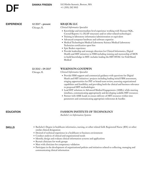 Clinical Informatics Specialist Resume Samples | Velvet Jobs