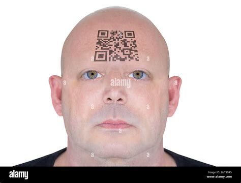 Futuristic rendering of a man's face with a barcode on his forehead. Conceptual image of control ...