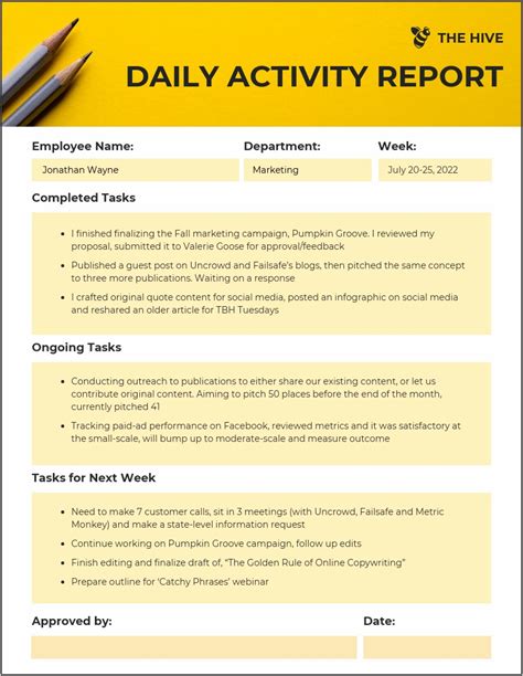 Daily Activity Report Template Free Download - Resume Example Gallery