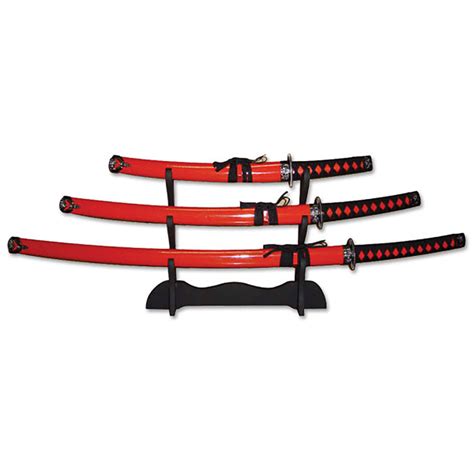 3 SAMURAI SWORD SET WITH DISPLAY STAND RED