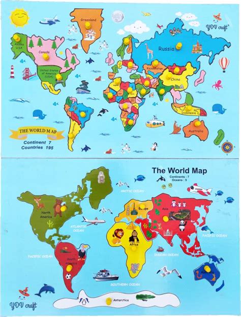 YDV CRAFT Wooden WORLD MAP CONTINENT PUZZLE WITH KNOB BACKSIDE PRINTED ...