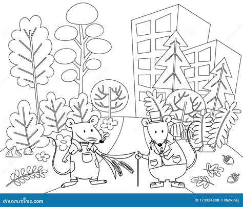 The Town Mouse and the Country Mouse Colorless Stock Vector - Illustration of tale, print: 173924898