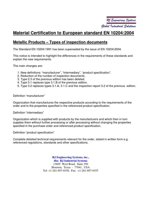 EN 10204-2004 | Specification (Technical Standard) | Regulatory ...