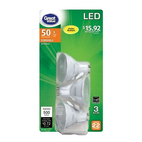 Great Value LED Light Bulb, 7 Watts (50W Equivalent) MR16 Lamp GU10 Base, Dimmable, Soft White ...