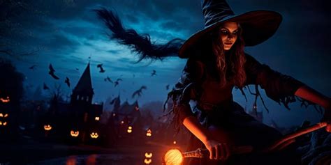 Premium AI Image | witch on a broomstick during Halloween night