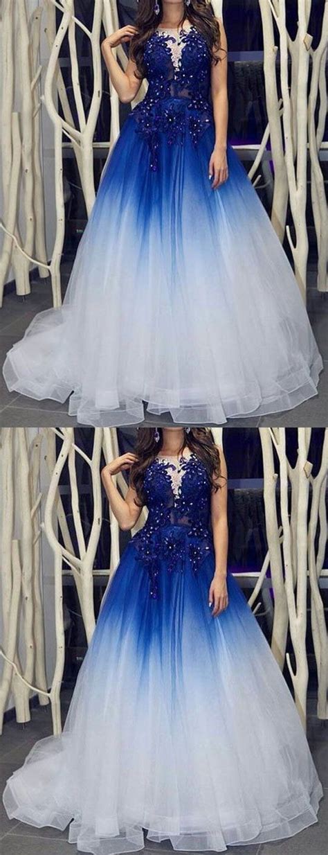 Elegant Royal Blue White Long Prom Dresses with Appliques for Women M2126 | Prom dresses long ...