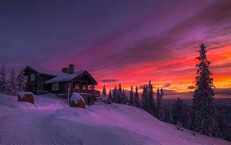 #512026 winter sunset clouds forest cottage snow cold norway trees red yellow orange white ...