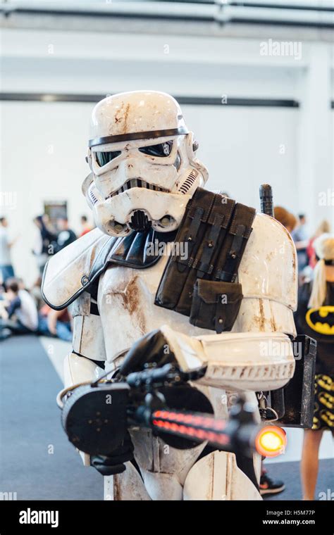 A cosplayer wears a Stormtrooper costume, known from the Star Wars ...