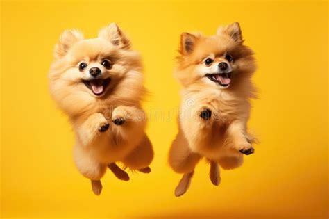 Jumping Moment, Two Pomeranian Dogs on Yellow Background Stock Illustration - Illustration of ...