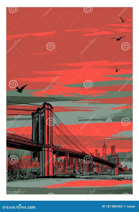 Historic Brooklyn Bridge and Lower Manhattan Stock Vector - Illustration of skyscraper, scenic ...