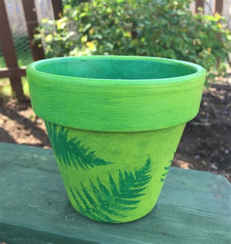 Hand Painted Terra Cotta Flower Pot - Personalized Green Fern Clay ...