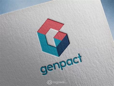 the logo for genpact is shown on top of a white paper sheet with blue and