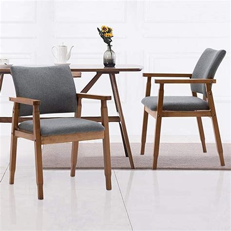 Set of 2 Mid Century Modern Dining Chairs Wood Arm Gray Fabric Kitchen ...