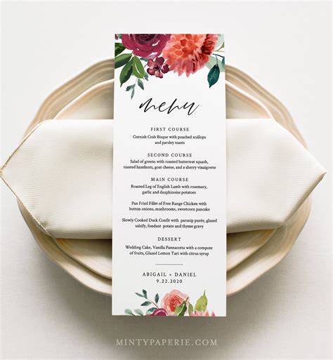 Wedding Menu Card Template, Dinner Menu, Summer Orange Floral Menu Card ...