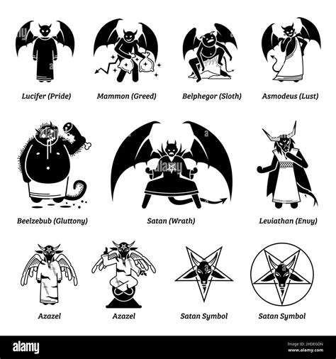 Seven deadly sins devils and Satan. Vector illustrations of Lucifer ...