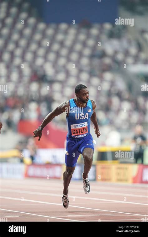 Justin Gatlin running the 100m at the 2019 World Athletics ...