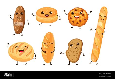 Cute bread cartoon characters vector illustrations set Stock Vector ...