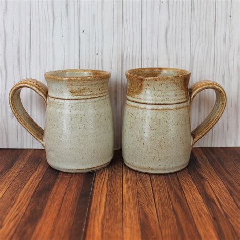 Vintage Stoneware Pottery Mug Coffee Cup Set of 2 Handmade Cream Beige Tan Rustic Style Mug