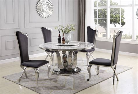 Best Quality Furniture 5pc Round Dining Set w/Lazy Susan, Auth Marble ...