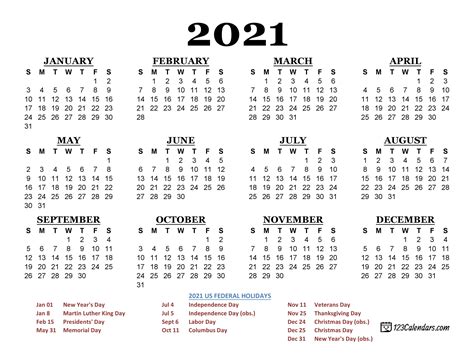 2021 calendar with holidays printable