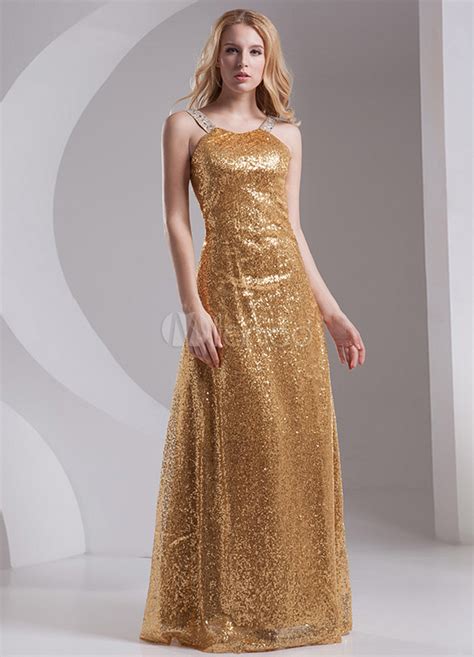 Glitter Gold Sequined Halter Fashion Evening Dress - Milanoo.com