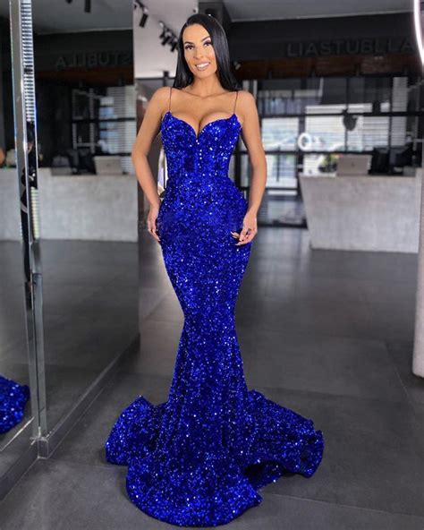 Sweetheart Mermaid Style Royal Blue Sequins Velvet Long Dresses Formal ...