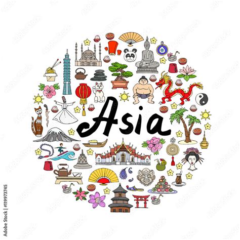 Cute decorative cover with hand drawn colored symbols of Asia on white color Stock Vector ...