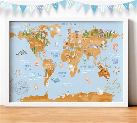 Animal World Map Kids Map of the World Childrens Map Animal - Etsy