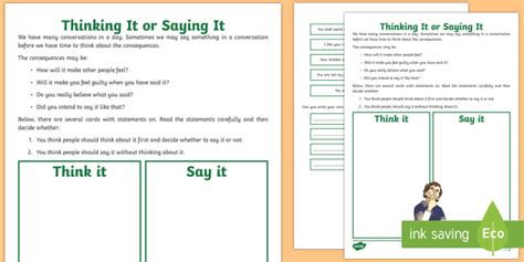 Thinking It Or Saying It Worksheet (teacher made)