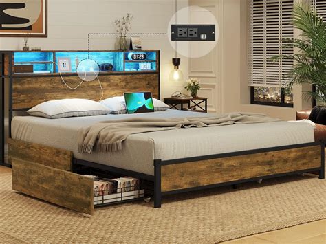 Amazon.com: ADORNEVE LED Bed Frame Full Size with Outlets and Bookcase Headboard, Metal Platform ...