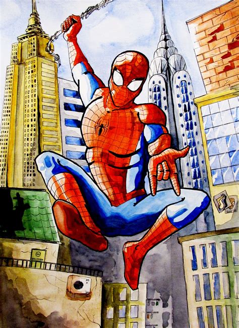 a painting of a spider man flying through the air in front of a cityscape