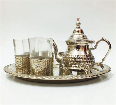 Hand Hammered Moroccan Silver Plated Tea Set - 8 Pieces | Silver Tea Glasses, Tray & Teapot