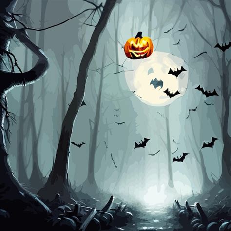 Premium Vector | Dark forest halloween background with bats trees ...