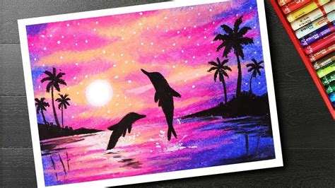 Dolphin Oil Pastel Sunset Scenery Drawing - Filhosdolaranjal