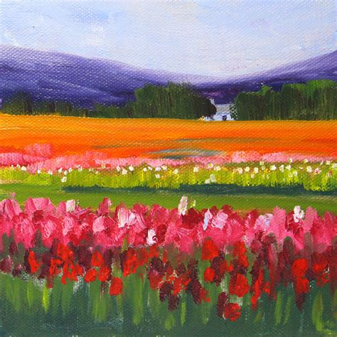 Small Landscape, Oil Painting, Original, 6x6 Canvas, Colorful, Tulip ...