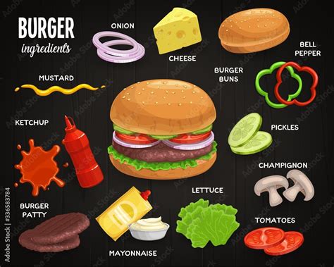 Burger ingredients, fast food sandwich menu, vector icons. Fastfood cheeseburger and hamburger ...