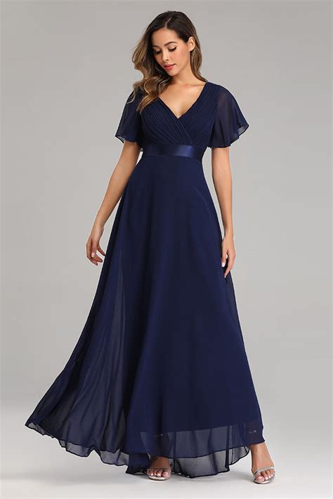 Flowy Chiffon Dark Navy Blue Prom Dress with V Neck Ruffled Sleeve – PromDress.me.uk