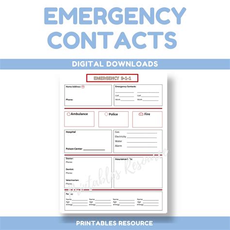 Emergency Contact Printable Contact List Information Sheet Contact Information for Nanny ...