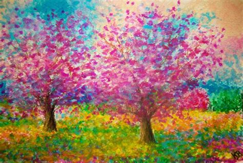 an oil painting of trees in blooming colors