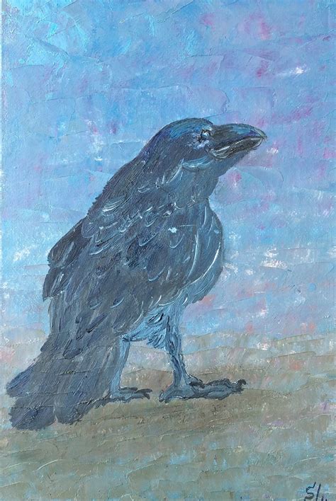 Bird Raven Oil Painting Original Art Young Raven Black Bird - Inspire Uplift